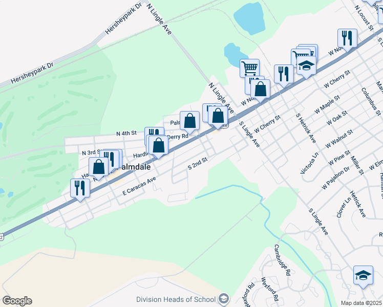map of restaurants, bars, coffee shops, grocery stores, and more near 1647 East Caracas Avenue in Hershey