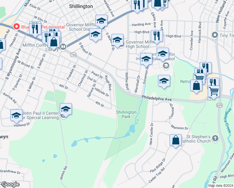 map of restaurants, bars, coffee shops, grocery stores, and more near 450 Philadelphia Avenue in Reading
