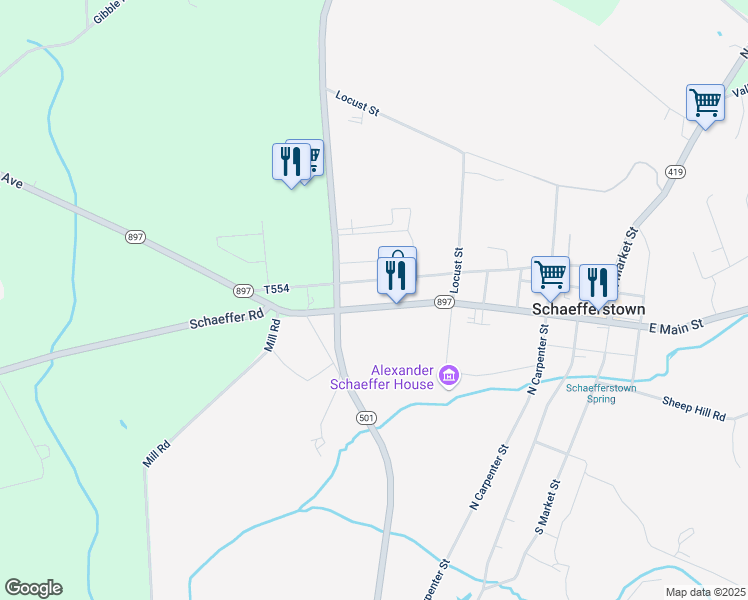 map of restaurants, bars, coffee shops, grocery stores, and more near Heidelberg Avenue in Schaefferstown