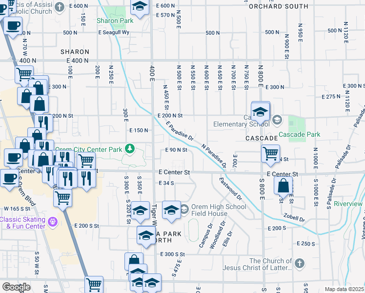 map of restaurants, bars, coffee shops, grocery stores, and more near 478 East 130 North in Orem