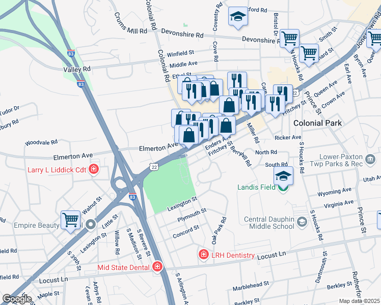 map of restaurants, bars, coffee shops, grocery stores, and more near 4301 Jonestown Road in Harrisburg