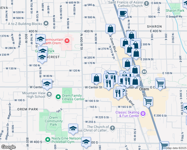 map of restaurants, bars, coffee shops, grocery stores, and more near 87 340 West in Orem