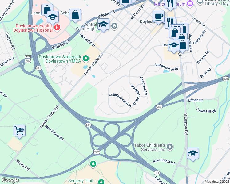 map of restaurants, bars, coffee shops, grocery stores, and more near 446 Cobblestone Way in Doylestown