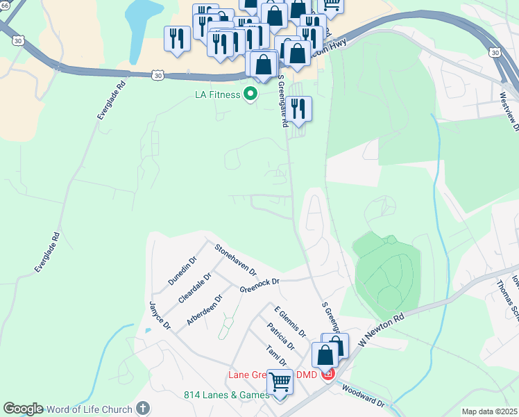 map of restaurants, bars, coffee shops, grocery stores, and more near 112 Wild Turkey Drive in Greensburg