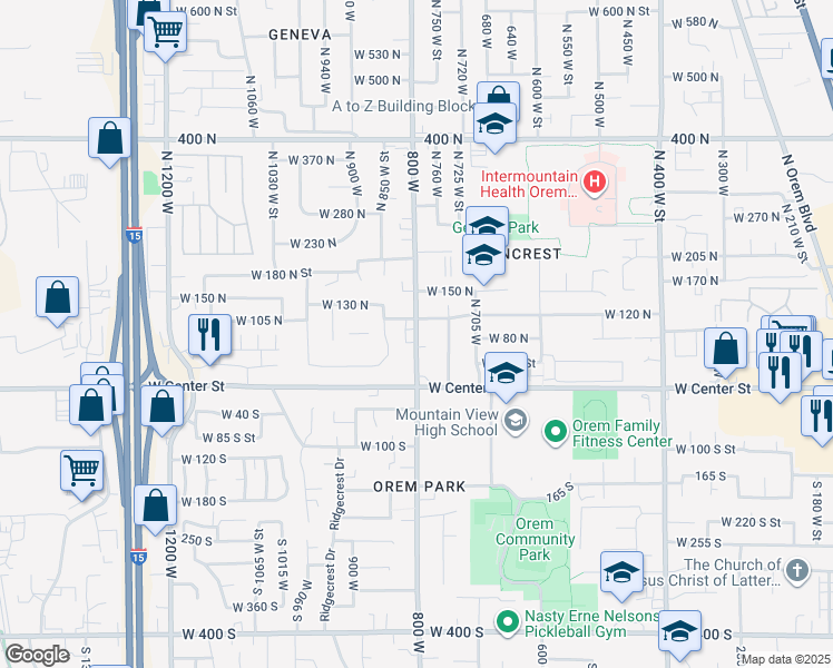 map of restaurants, bars, coffee shops, grocery stores, and more near 87 North 800 West in Orem