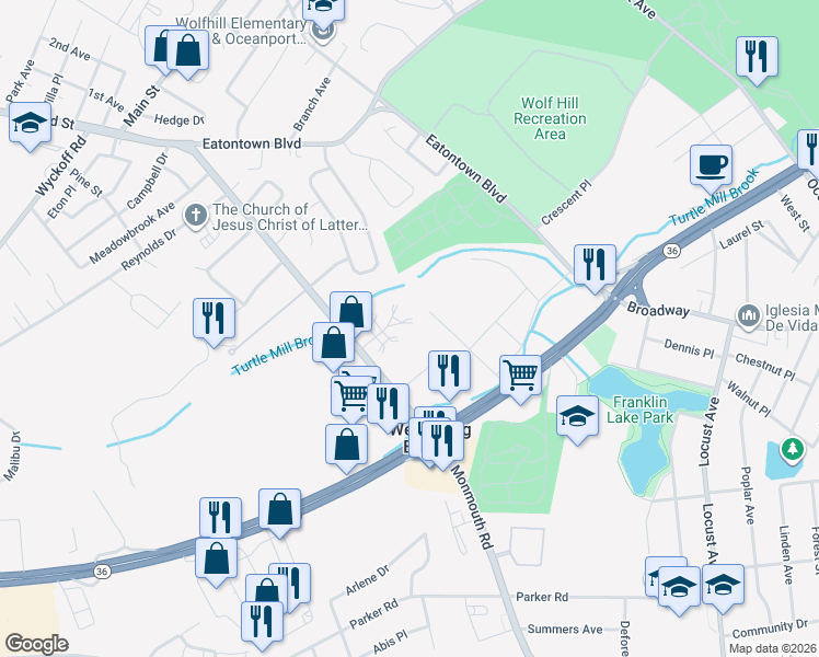 map of restaurants, bars, coffee shops, grocery stores, and more near 9 Belmont in West Long Branch