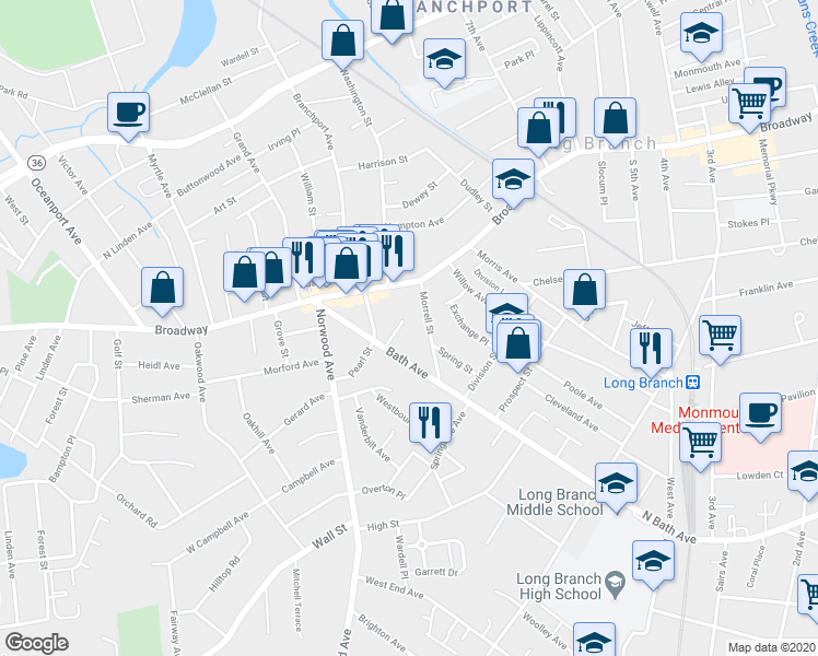 map of restaurants, bars, coffee shops, grocery stores, and more near 23 Emmons St in Long Branch
