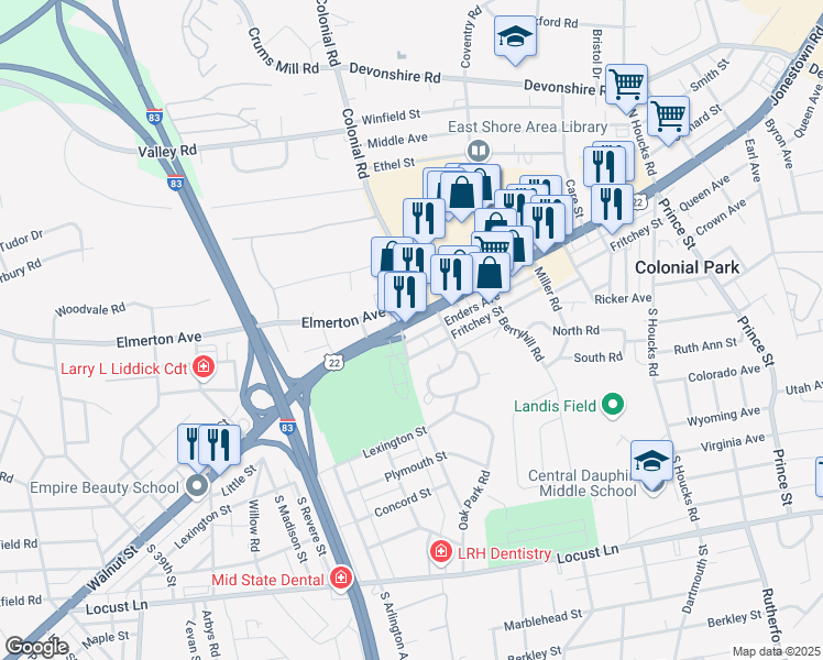 map of restaurants, bars, coffee shops, grocery stores, and more near 4301 Jonestown Road in Harrisburg