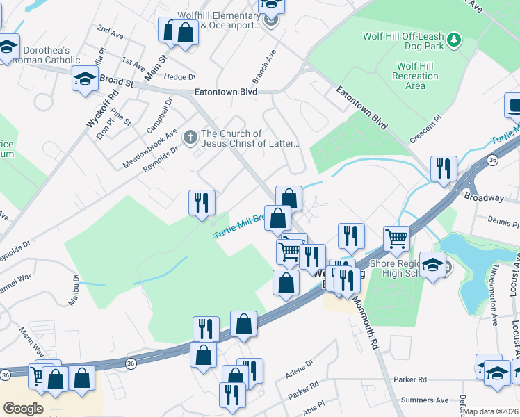map of restaurants, bars, coffee shops, grocery stores, and more near 54 Monmouth Road in Eatontown