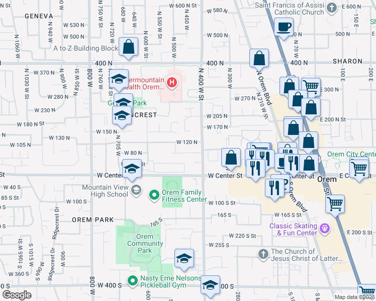 map of restaurants, bars, coffee shops, grocery stores, and more near 484 West 75 North Street in Orem