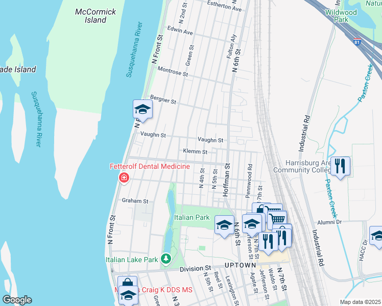 map of restaurants, bars, coffee shops, grocery stores, and more near 3215 North 3rd Street in Harrisburg