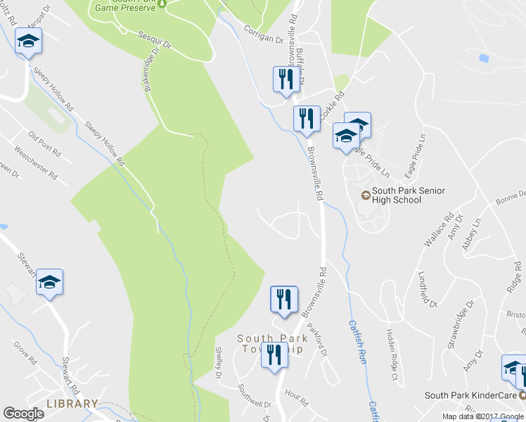 map of restaurants, bars, coffee shops, grocery stores, and more near 1484 Greenbriar Drive in South Park Township