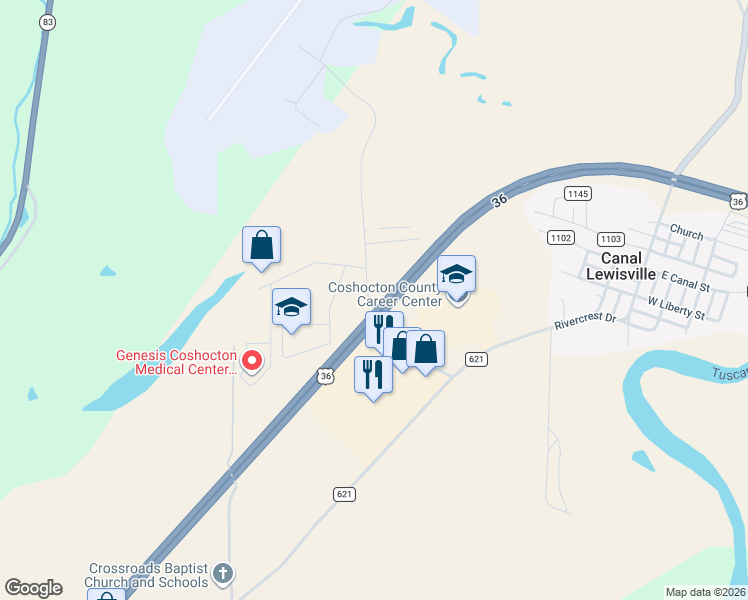 map of restaurants, bars, coffee shops, grocery stores, and more near 23900 Airport Road in Coshocton