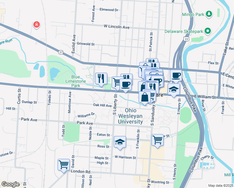 map of restaurants, bars, coffee shops, grocery stores, and more near 123 Marysville Road in Delaware