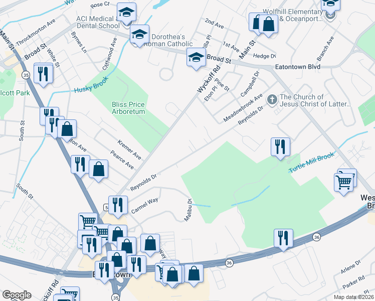 map of restaurants, bars, coffee shops, grocery stores, and more near 77 Reynolds Drive in Eatontown