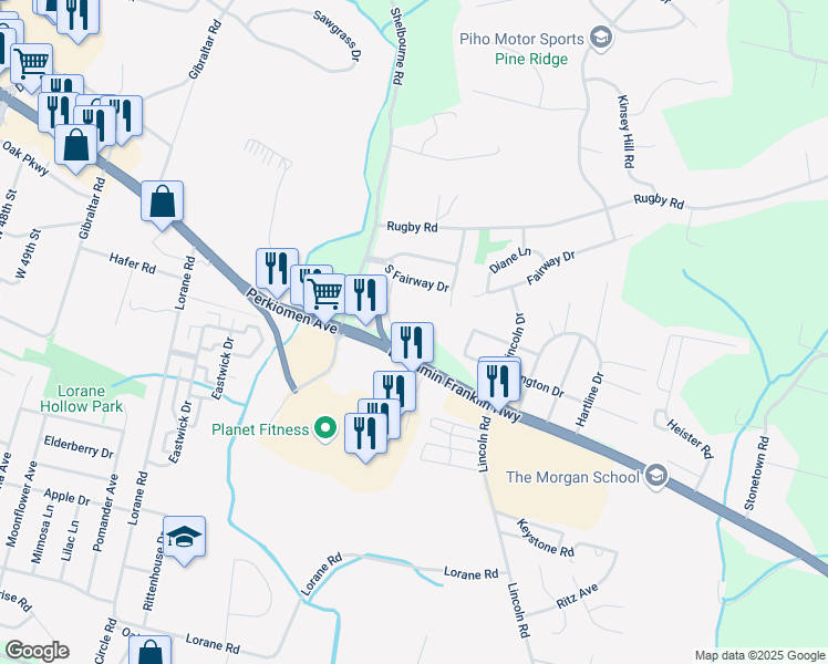 map of restaurants, bars, coffee shops, grocery stores, and more near 5485 Perkiomen Avenue in Reading