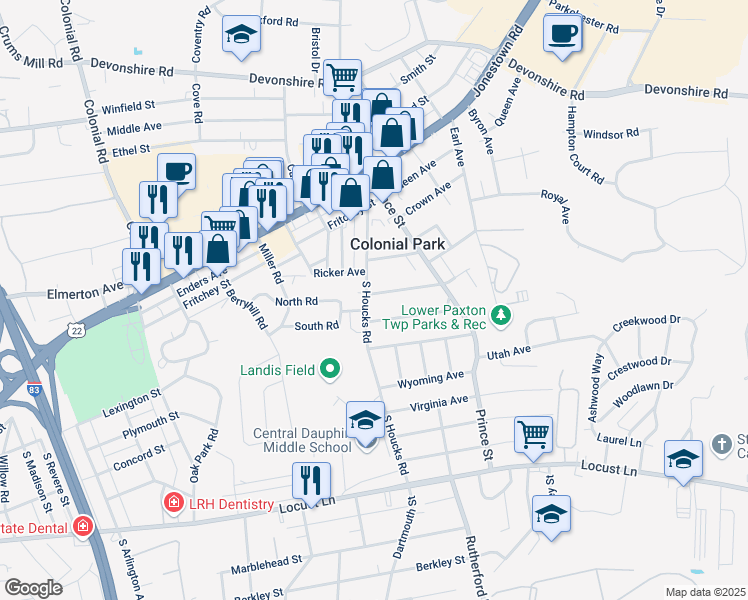 map of restaurants, bars, coffee shops, grocery stores, and more near 4705 Count Street in Harrisburg