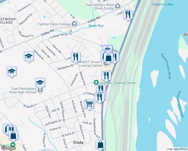 map of restaurants, bars, coffee shops, grocery stores, and more near 33 Queen Avenue in Enola