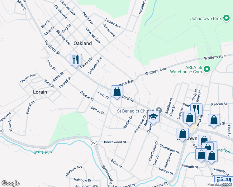 map of restaurants, bars, coffee shops, grocery stores, and more near 2133-2163 Bedford Street in Johnstown