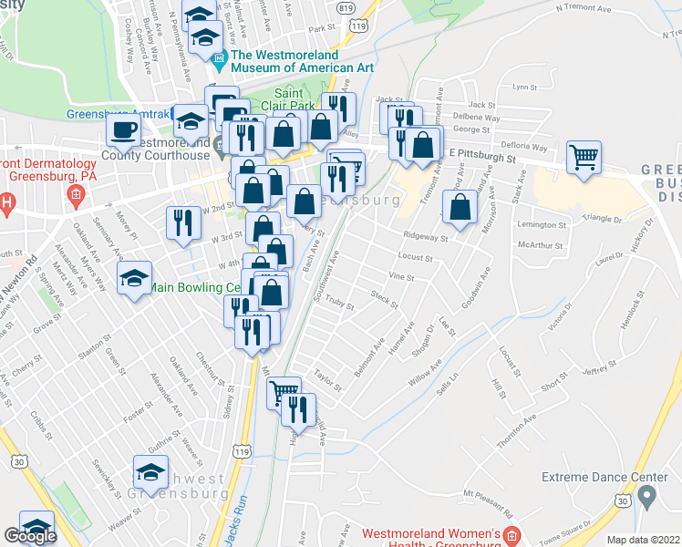map of restaurants, bars, coffee shops, grocery stores, and more near 412 Highland Avenue in Greensburg