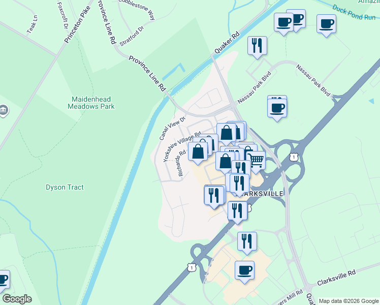 map of restaurants, bars, coffee shops, grocery stores, and more near 32 Richards Road in Lawrence Township