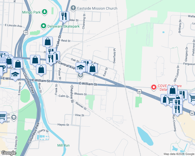 map of restaurants, bars, coffee shops, grocery stores, and more near 350 East Central Avenue in Delaware