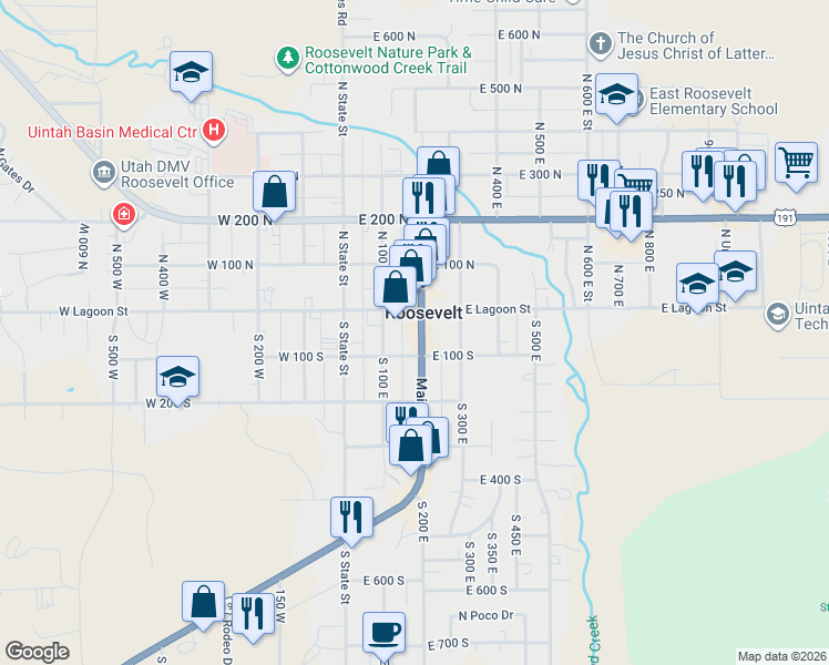 map of restaurants, bars, coffee shops, grocery stores, and more near 44 South 200 East in Roosevelt