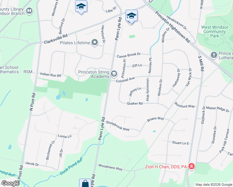 map of restaurants, bars, coffee shops, grocery stores, and more near 7 Quaker Road in West Windsor Township