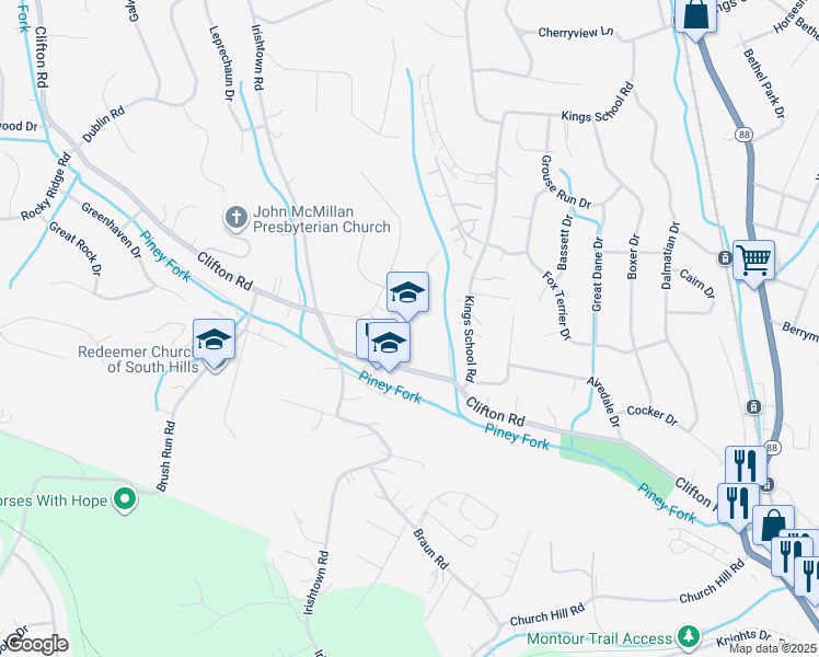 map of restaurants, bars, coffee shops, grocery stores, and more near 110 Woodlet Lane in Bethel Park