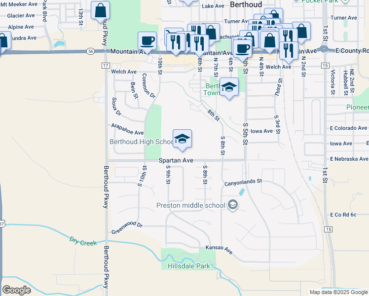 map of restaurants, bars, coffee shops, grocery stores, and more near 850 Spartan Avenue in Berthoud