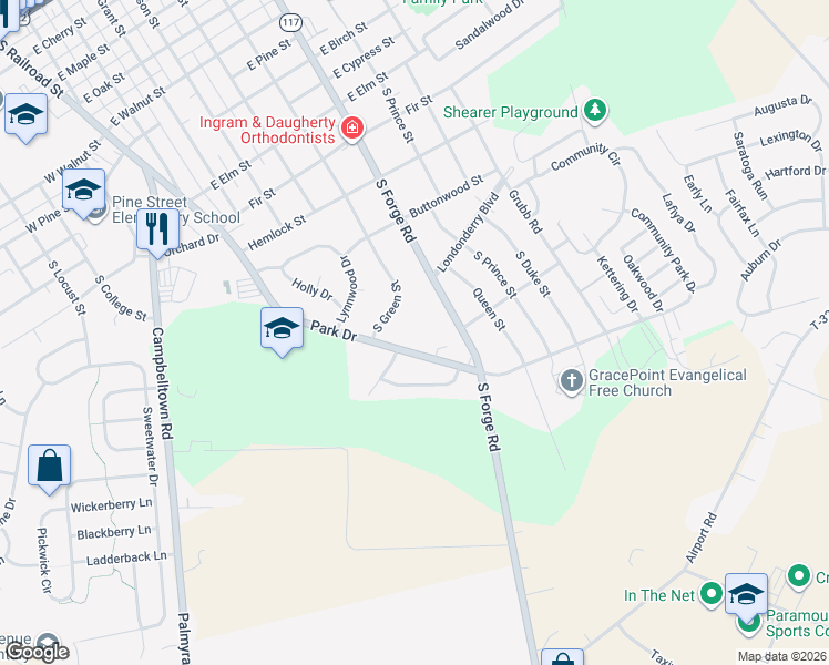 map of restaurants, bars, coffee shops, grocery stores, and more near 1300 Park Drive in Palmyra