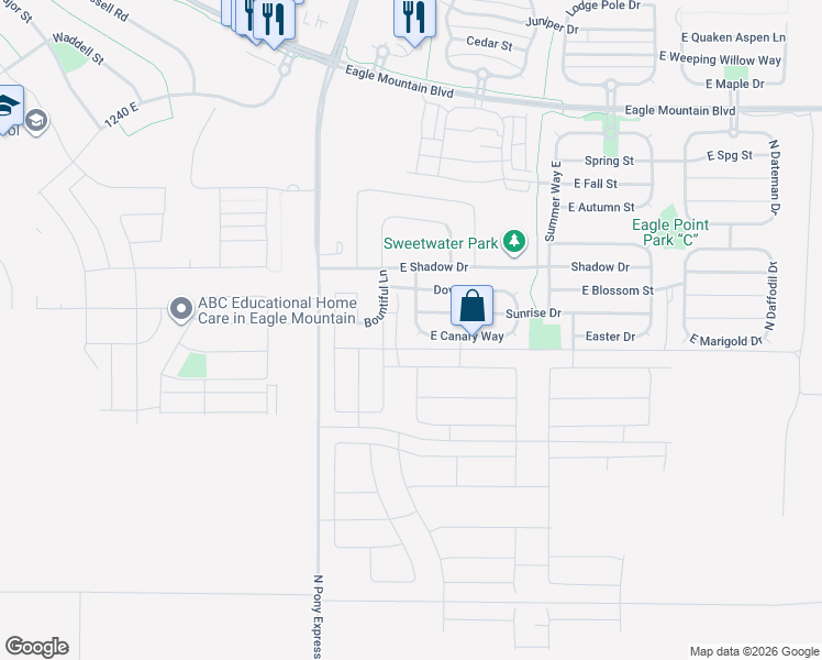 map of restaurants, bars, coffee shops, grocery stores, and more near 3555 North Canary Way in Eagle Mountain