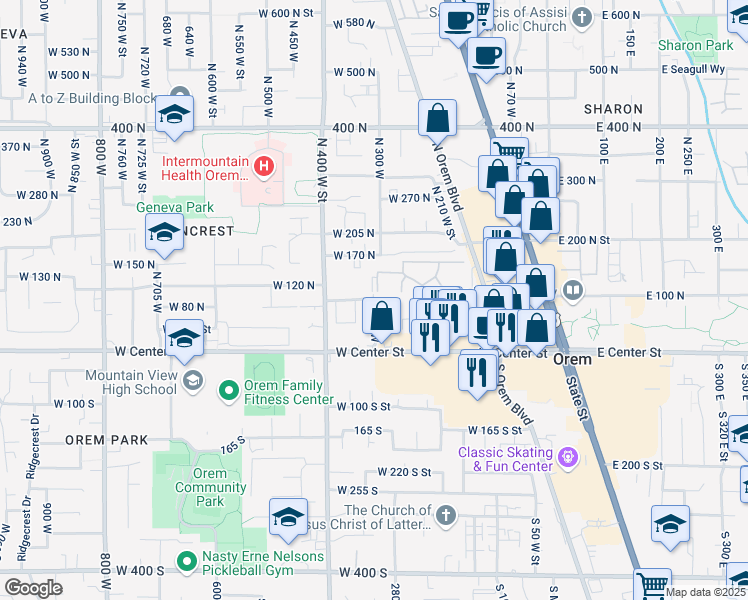map of restaurants, bars, coffee shops, grocery stores, and more near 94 N 340 W in Orem