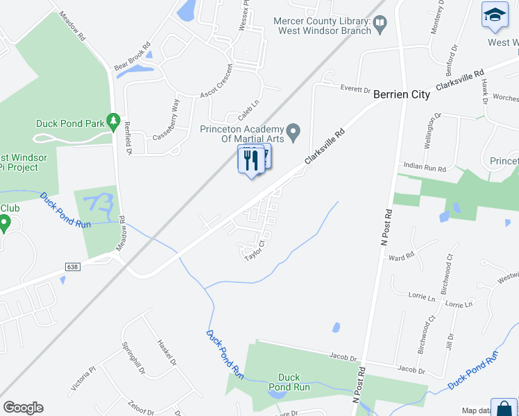 map of restaurants, bars, coffee shops, grocery stores, and more near Drew Court in West Windsor Township
