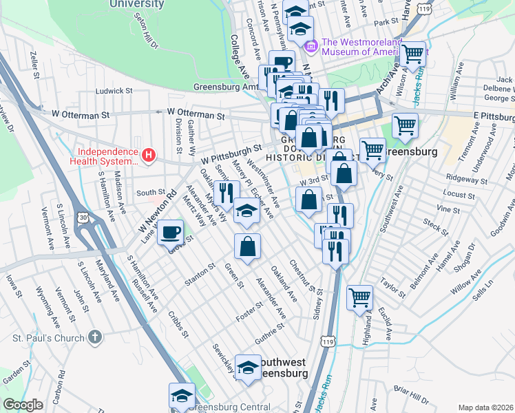 map of restaurants, bars, coffee shops, grocery stores, and more near 316 West 3rd Street in Greensburg