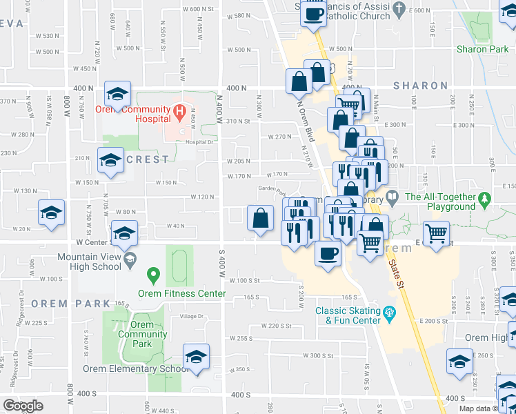 map of restaurants, bars, coffee shops, grocery stores, and more near 94 N 340 W in Orem