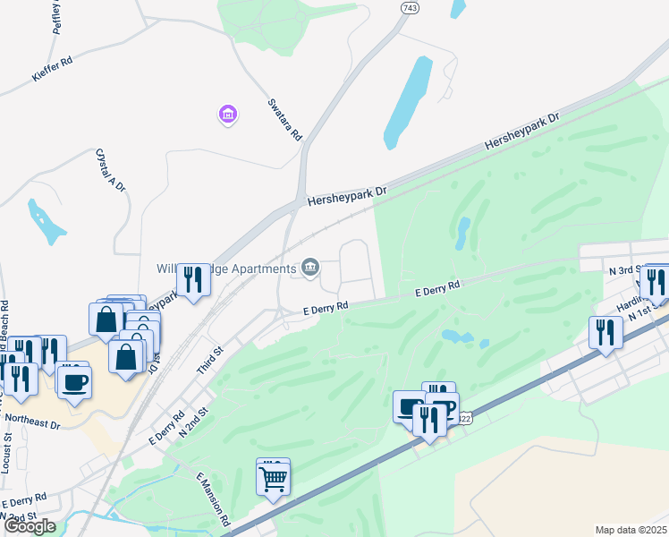 map of restaurants, bars, coffee shops, grocery stores, and more near 17 Carousel Circle in Hershey