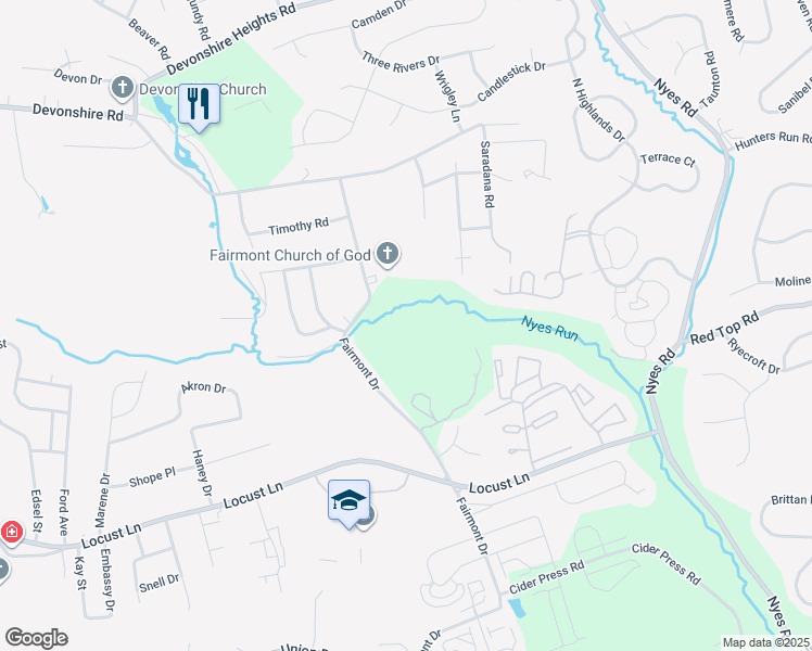 map of restaurants, bars, coffee shops, grocery stores, and more near 1483 Fairmont Drive in Harrisburg