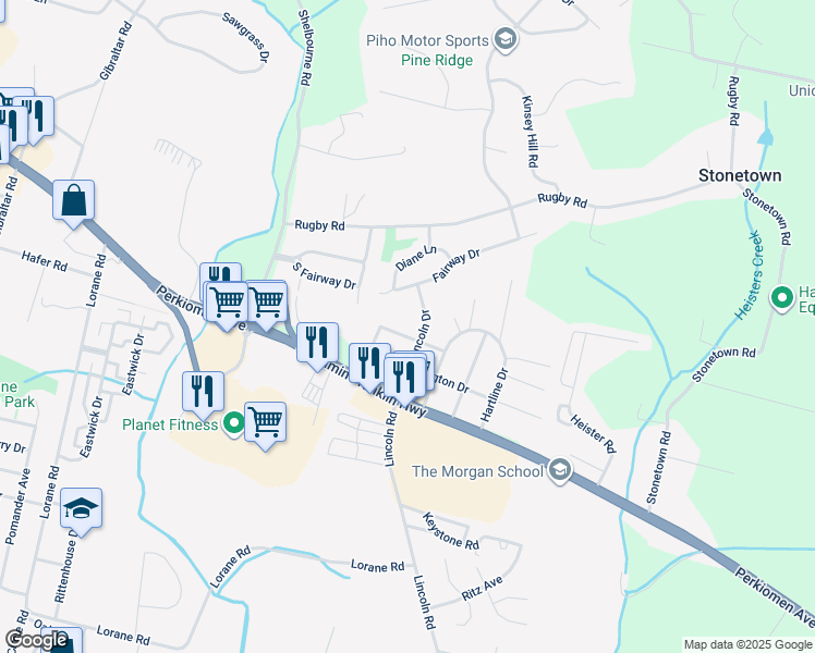 map of restaurants, bars, coffee shops, grocery stores, and more near 5795 Jefferson Drive in Reading