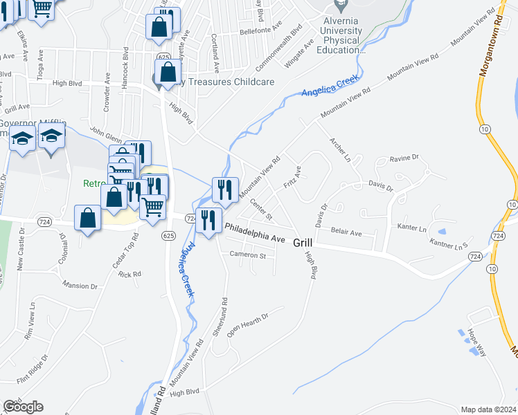 map of restaurants, bars, coffee shops, grocery stores, and more near 742 Center Street in Reading