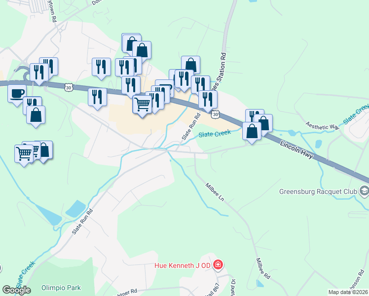 map of restaurants, bars, coffee shops, grocery stores, and more near 1011 Willowbrook Drive in Greensburg