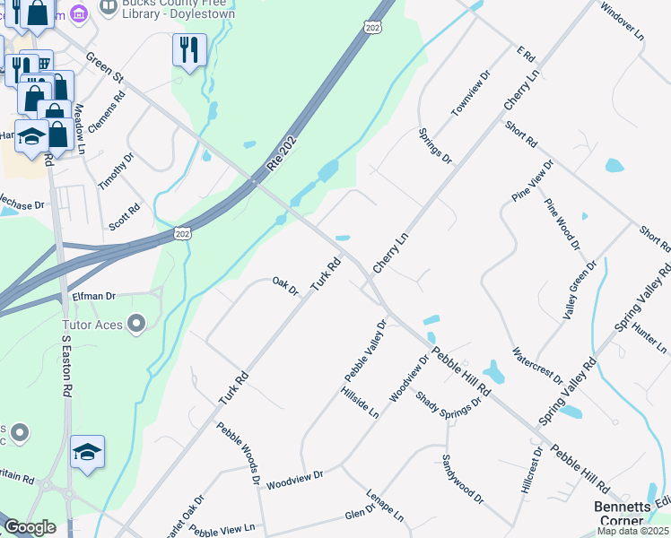 map of restaurants, bars, coffee shops, grocery stores, and more near 2391 Turk Road in Doylestown