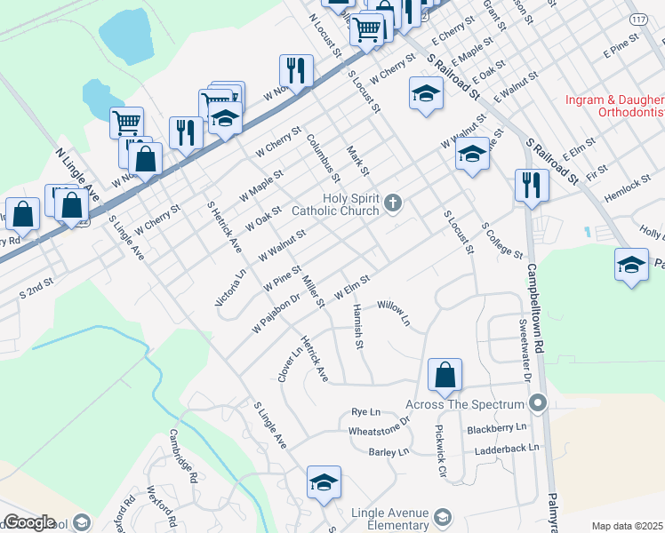 map of restaurants, bars, coffee shops, grocery stores, and more near 617 West Pajabon Drive in Palmyra