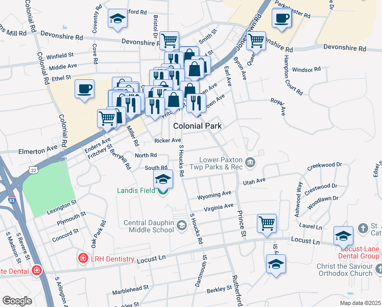 map of restaurants, bars, coffee shops, grocery stores, and more near 4705 Count Street in Harrisburg