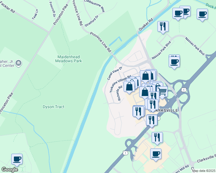 map of restaurants, bars, coffee shops, grocery stores, and more near 25 Canal View Drive in Lawrence Township