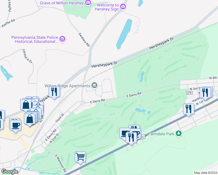 map of restaurants, bars, coffee shops, grocery stores, and more near 21 Rosewood Drive in Hershey