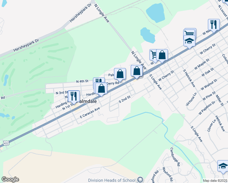 map of restaurants, bars, coffee shops, grocery stores, and more near 1644 East Chocolate Avenue in Hershey