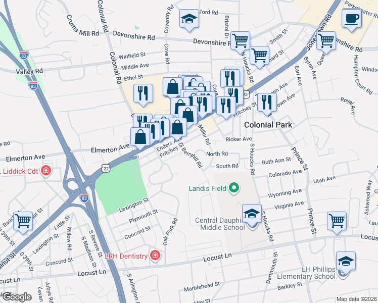 map of restaurants, bars, coffee shops, grocery stores, and more near 301 Berryhill Road in Harrisburg