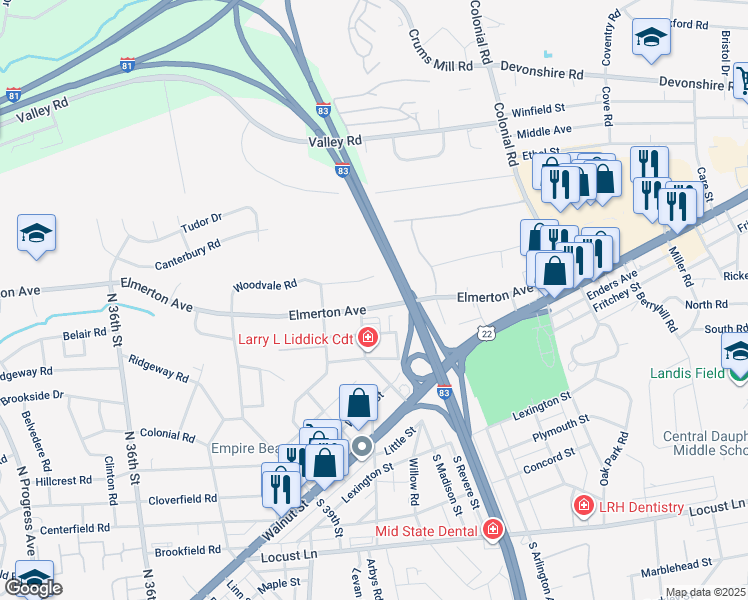 map of restaurants, bars, coffee shops, grocery stores, and more near 4006 Elmerton Avenue in Harrisburg