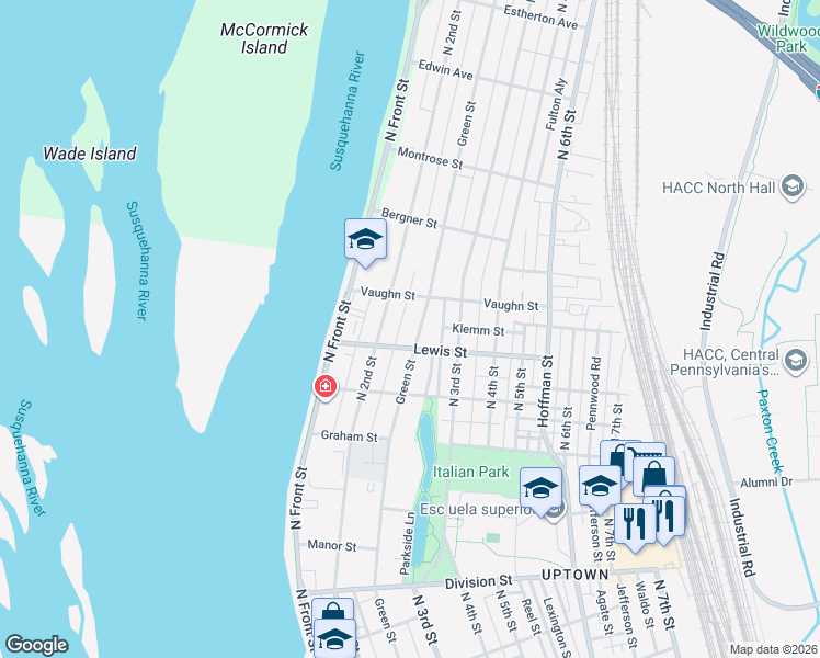 map of restaurants, bars, coffee shops, grocery stores, and more near 3221 North 2nd Street in Harrisburg